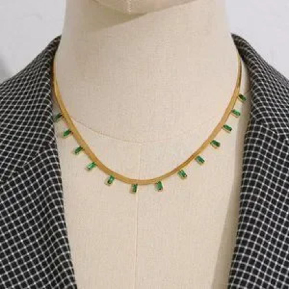 18K Gold Plated Green Baguette Stone Flat Herringbone Necklace